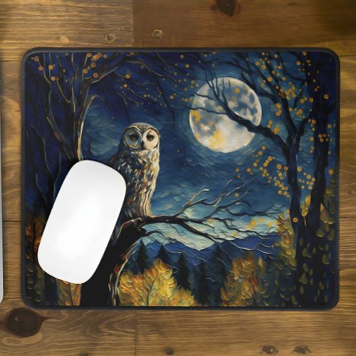 Charming Autumn Night Wise Owl and Full Moon _  Mouse Pad