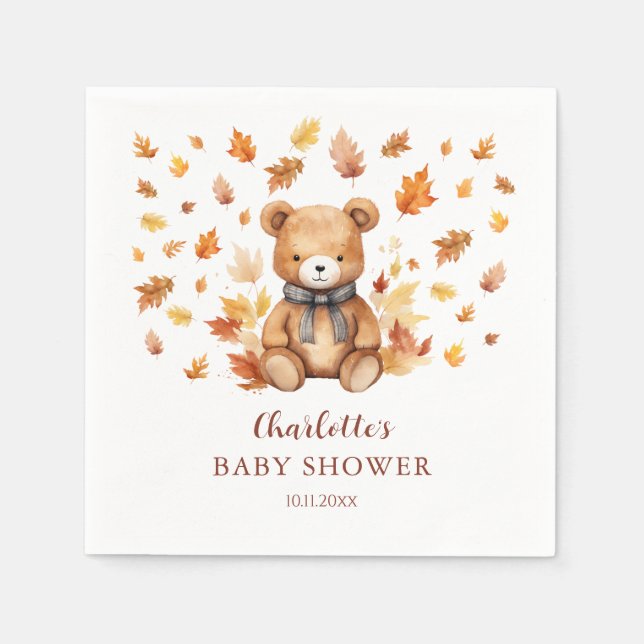 Charming Autumn Teddy Bear Baby Shower Napkins (Front)