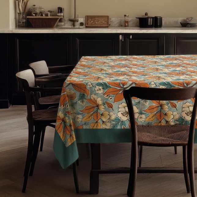 Charming autumn terracotta ivory flowers blue tablecloth (Charming autumn terracotta ivory flowers blue tablecloth)