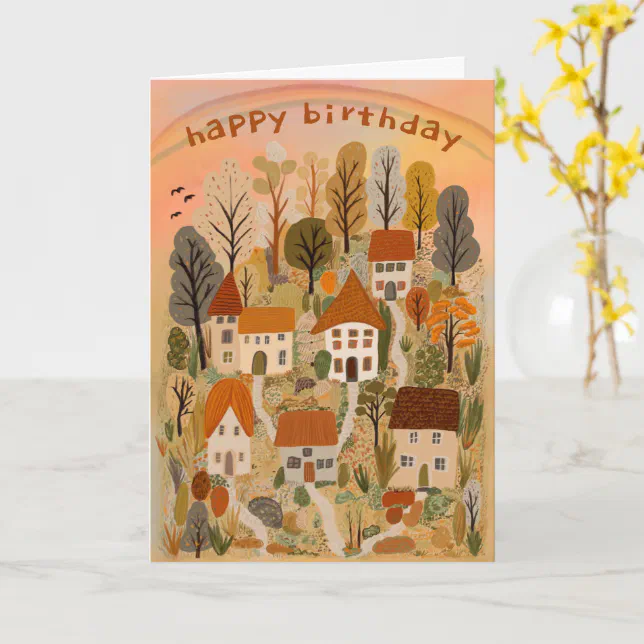 Charming Autumn Village Fall Cute Birthday Card | Zazzle