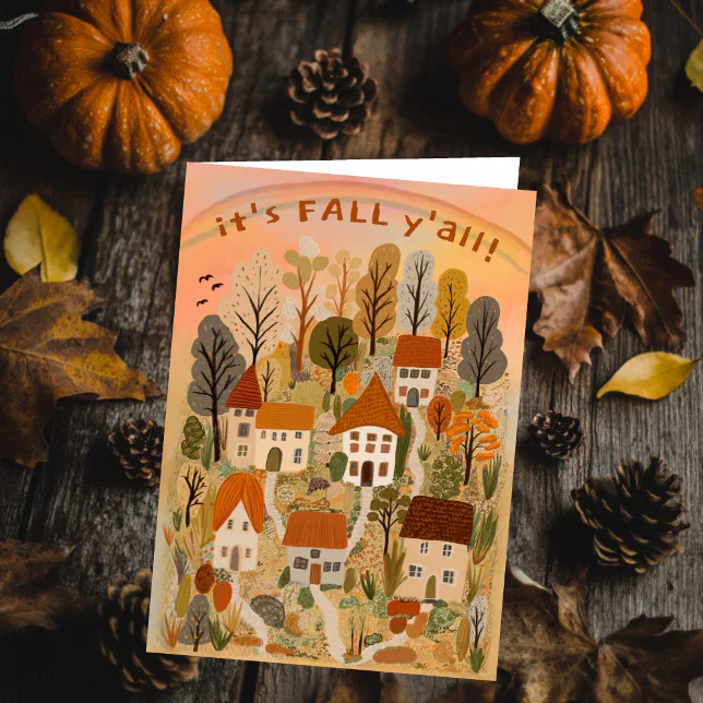 Charming Autumn Village It's Fall Y'all Cute Card | Zazzle