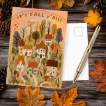 Charming Autumn Village It's Fall Y'all Cute  Postcard<br><div class="desc">Sweet drawing to wish someone a happy autumn! Click "personalize" to edit the text, and "edit using design tool" to add your own text or change the colors and fonts. Also available as digital download to send instantly via email or text message. Check my shop for more or let me...</div>