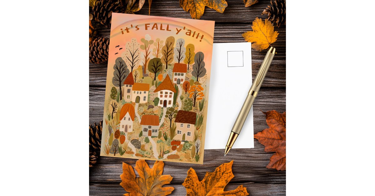 Charming Autumn Village It's Fall Y'all Cute Postcard | Zazzle