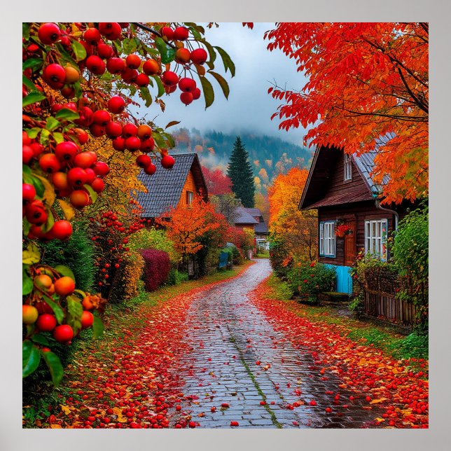 Charming Autumn Village Path Poster (Front)