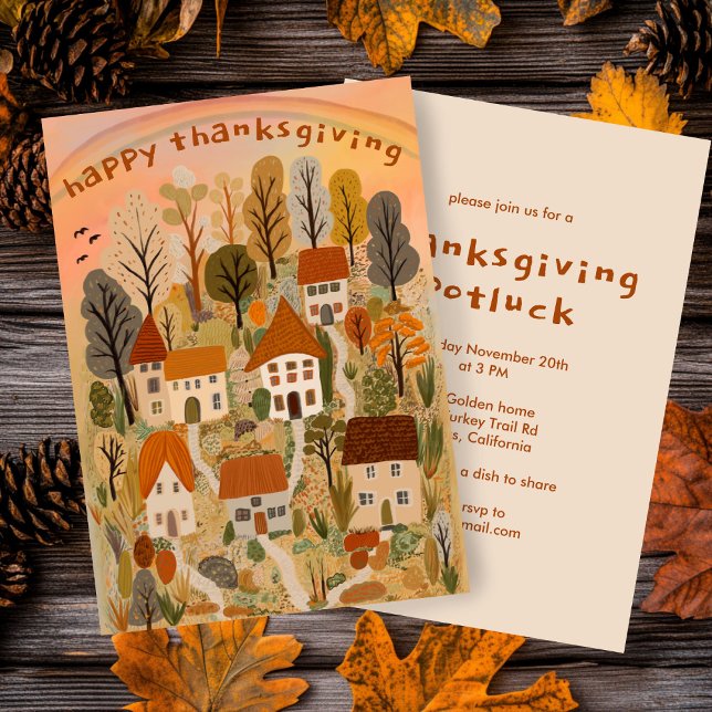 Charming Autumn Village Thanksgiving Party  Invitation (Charming Autumn Village Thanksgiving Friendsgiving Party Potluck Dinner Invitation
)