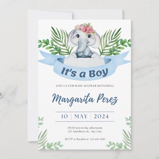 Charming Baby Boy Elephant Illustration Invitation (Front)