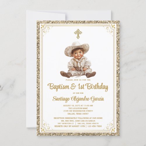 Charming Baby Charro Gold Baptism  Birthday Invit Invitation
