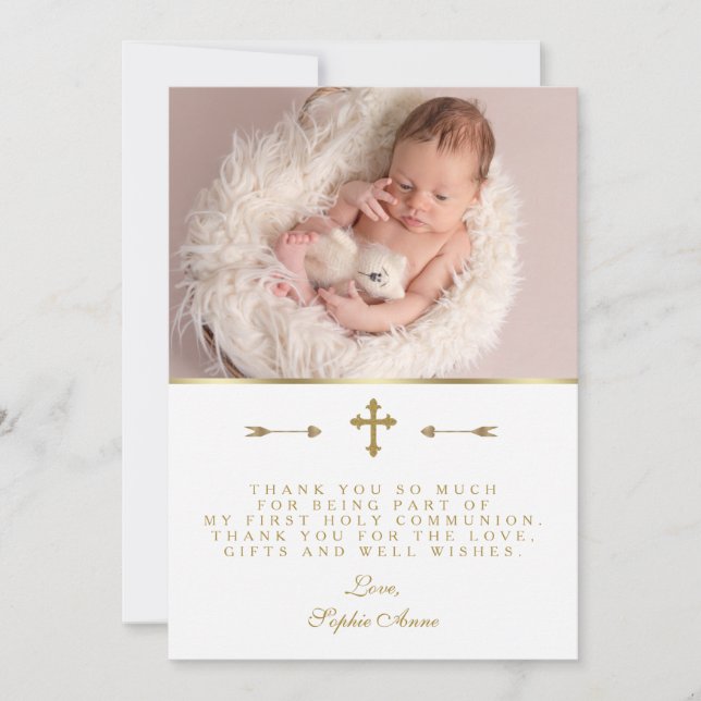 Charming Baby Photo Gold Cross Holy Communion Thank You Card (Front)