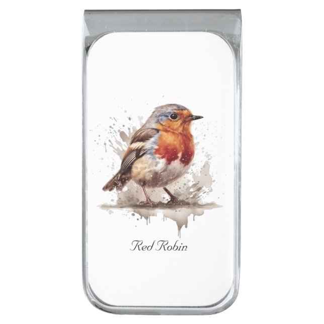Charming Backyard Robin, custom Silver Finish Money Clip (Front Vertical)