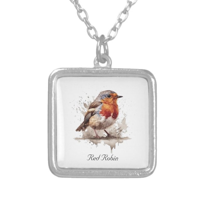Charming Backyard Robin, custom Silver Plated Necklace (Front)