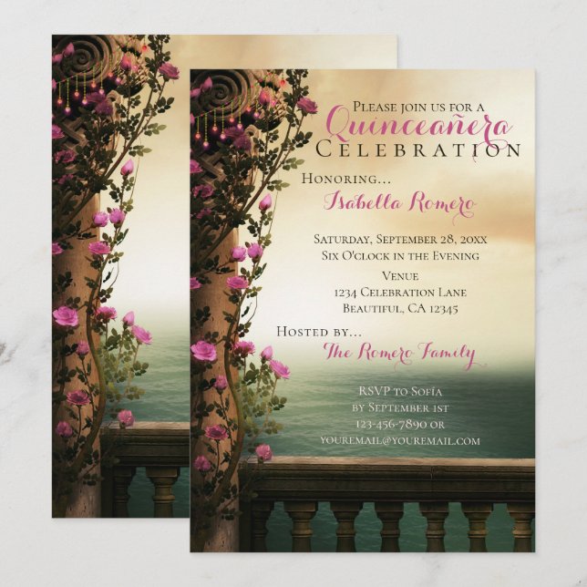 Charming Balcony with Pink Roses Beach Quinceañera Invitation (Front/Back)