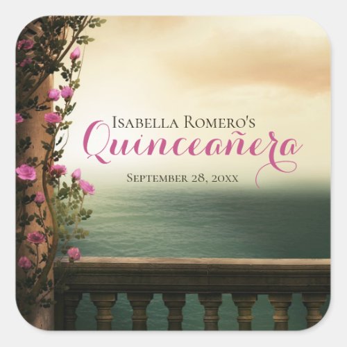 Charming Balcony with Pink Roses Beach Quinceaera Square Sticker