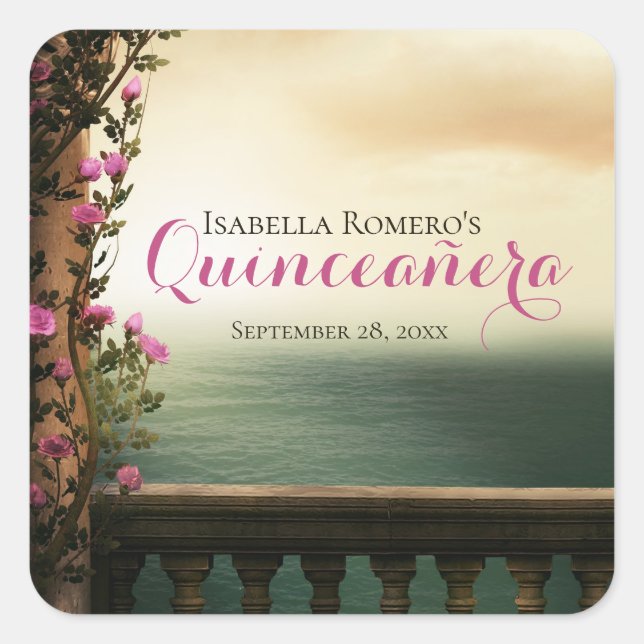 Charming Balcony with Pink Roses Beach Quinceañera Square Sticker (Front)