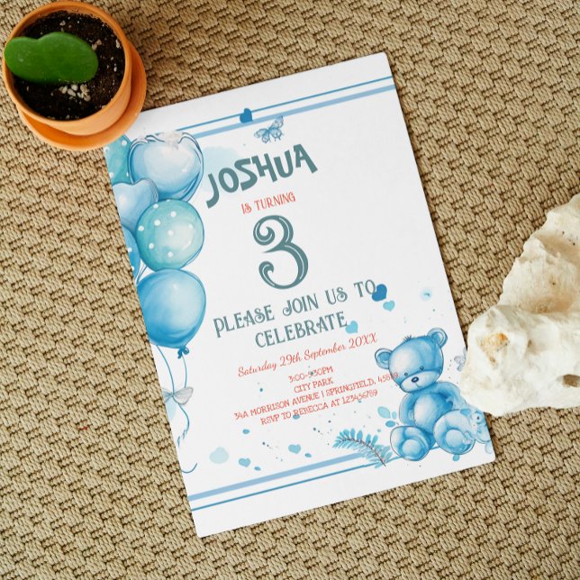 Charming Balloons and Teddy Bear Birthday Party Invitation (Creator Uploaded)