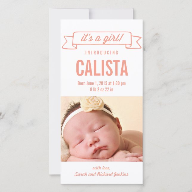 Charming Banner Baby Girl Birth Announcement (Front)