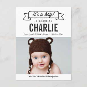 Charming Banner Birth Announcement - Baby Boy Postcard
