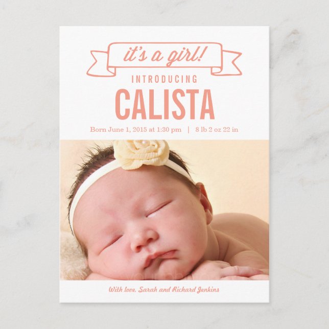 Charming Banner Birth Announcement - Baby Girl (Front)