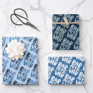 Charming Bar Mitzvah Handlettering Jewish Blue Fun Wrapping Paper Sheets