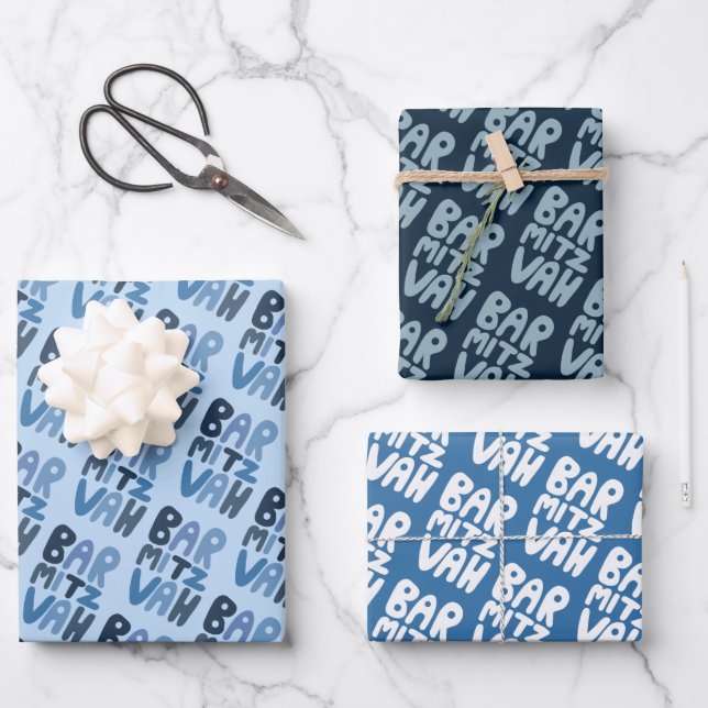 Charming Bar Mitzvah Handlettering Jewish Blue Fun Wrapping Paper Sheets (Front)