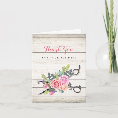Charming Barn Wood Pink Floral Scissors Hair Salon Thank You Card
