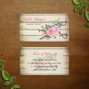 Charming Barn Wood Scissors and Roses Hairstylist Business Card