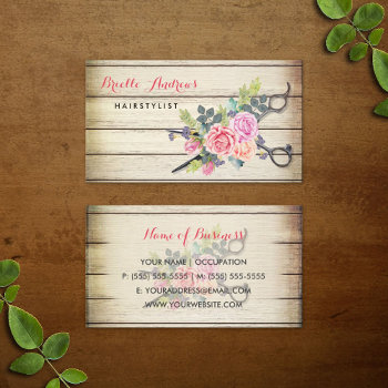 Charming Barn Wood Scissors And Roses Hairstylist Business Card by GirlyBusinessCards at Zazzle