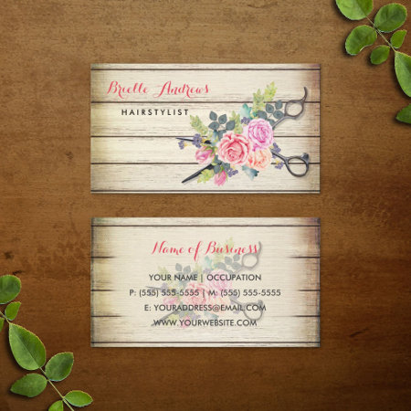 Charming Barn Wood Scissors And Roses Hairstylist Business Card
