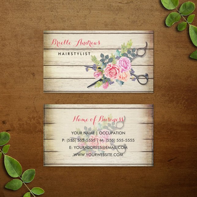 Charming Barn Wood Scissors and Roses Hairstylist Business Card (Charming Barn Wood Scissors and Roses Hairstylist Business Cards)