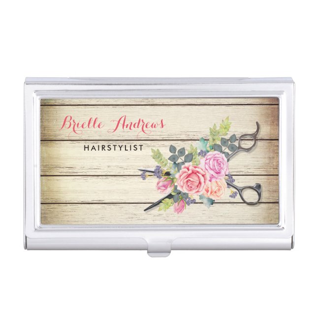Charming Barn Wood Scissors and Roses Hairstylist Business Card Case (Front)