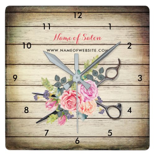 Charming Barn Wood Scissors and Roses Hairstylist Square Wall Clock