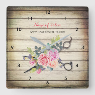 Charming Barn Wood Scissors and Roses Hairstylist Square Wall Clock
