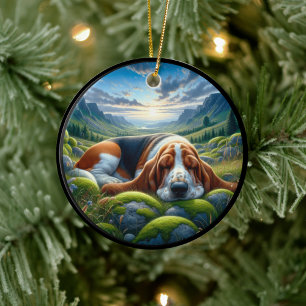 Charming Basset Hound Scene Ceramic Ornament