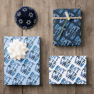 Charming Bat Mitzvah Handlettering Jewish Blue Fun Wrapping Paper Sheets