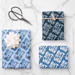 Charming Bat Mitzvah Handlettering Jewish Blue Fun Wrapping Paper Sheets