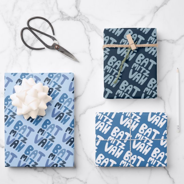 Charming Bat Mitzvah Handlettering Jewish Blue Fun Wrapping Paper Sheets (Front)