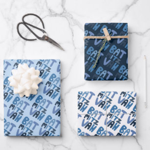 Charming Bat Mitzvah Handlettering Jewish Blue Fun Wrapping Paper Sheets