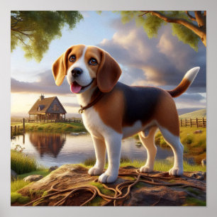 Charming Beagle in a Rustic Countryside Scene Poster