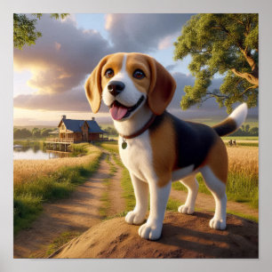 Charming Beagle in a Rustic Countryside Scene Poster