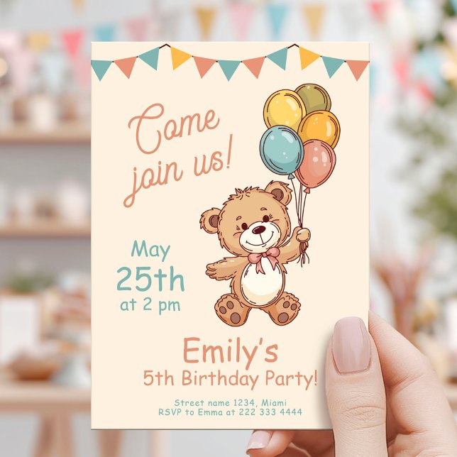 Charming Bear Balloons Pastel Party Invitation (Creator Uploaded)