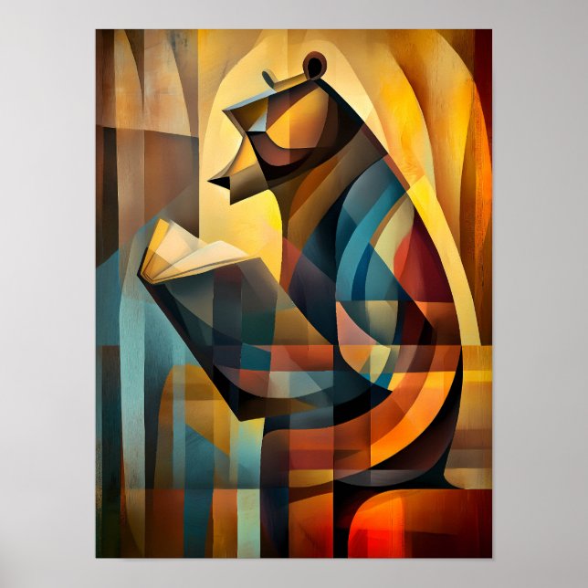Charming Bear – Cubist Reader in Deep Thought Poster (Front)