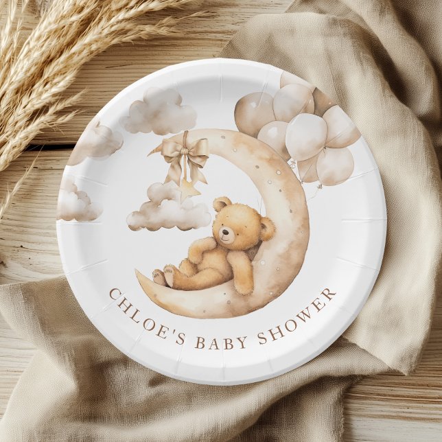 Charming Bear Over the Moon Baby Shower Neutral Paper Plates (Creator Uploaded)