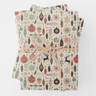 Charming Beige Christmas Feather and Reindeer Wrapping Paper Sheets