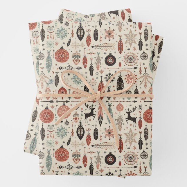 Charming Beige Christmas Feather and Reindeer Wrapping Paper Sheets (In situ)