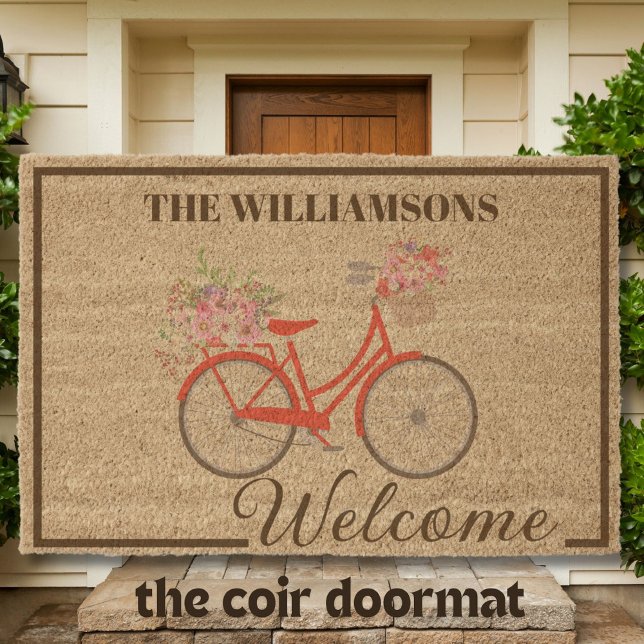 Charming Bike Flowers Welcome Family Name Coir  Fiber Doormat (Creator Uploaded)