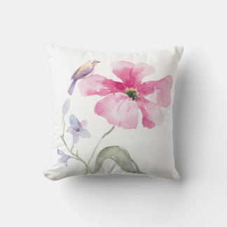 Charming Bird and Watercolor Flower Decorative  Throw Pillow