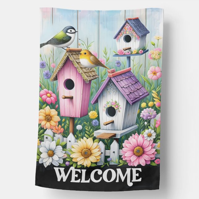 Charming Birdhouse Garden Welcome House Flag (Front)