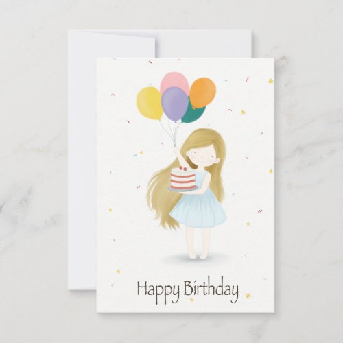 Charming Birthday Card with Balloons Girl and Cake