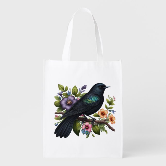 Charming Black Bird with Flowers in Bloom Grocery Bag (Front)