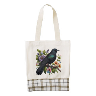 Charming Black Bird with Flowers in Bloom Zazzle HEART Tote Bag