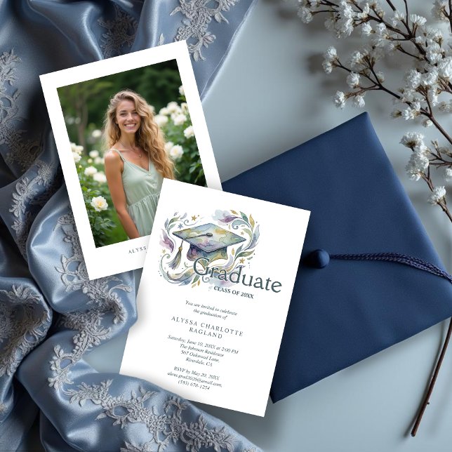 Charming Blue and Green Shades Cap Graduation Invitation (Charming Blue and Green Shades Watercolor Effect Graduate Cap Graduation Invitation Card Design.)